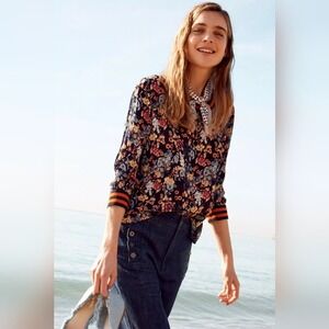 Rdalamal Blouse Womens 2 Black Floral Silk Sporty Ribbed Trim Top